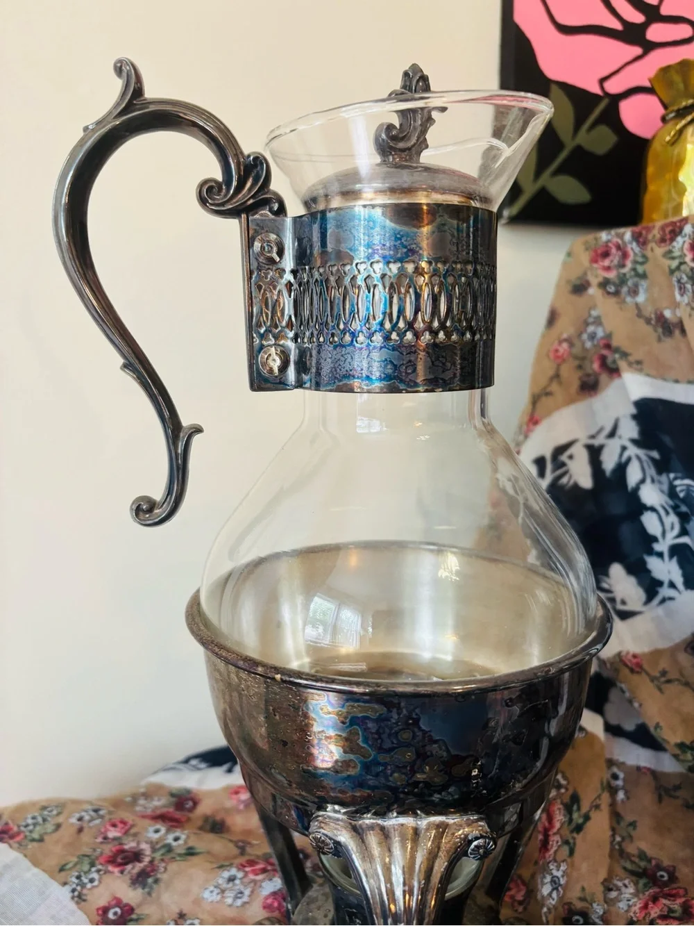 Classical Silverplate Glass Coffee Carafe Warmer Set 5 Pc  F.B. Rogers